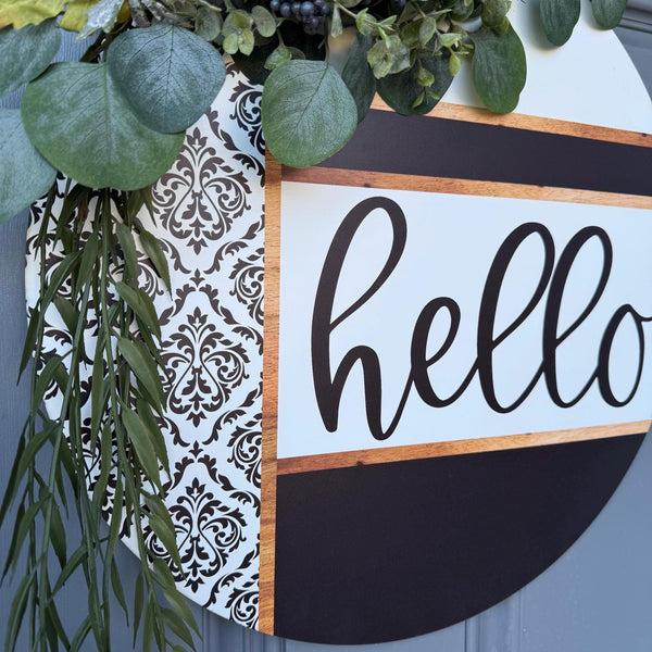 Front door decor, Wooden door sign, Everyday door sign with black, white and damask design with a rustic twist with texture.