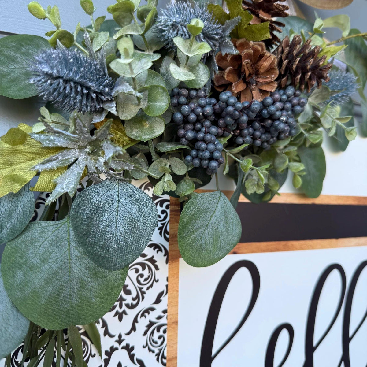 Front door decor, Wooden door sign, Everyday door sign with black, white and damask design with a rustic twist with texture.