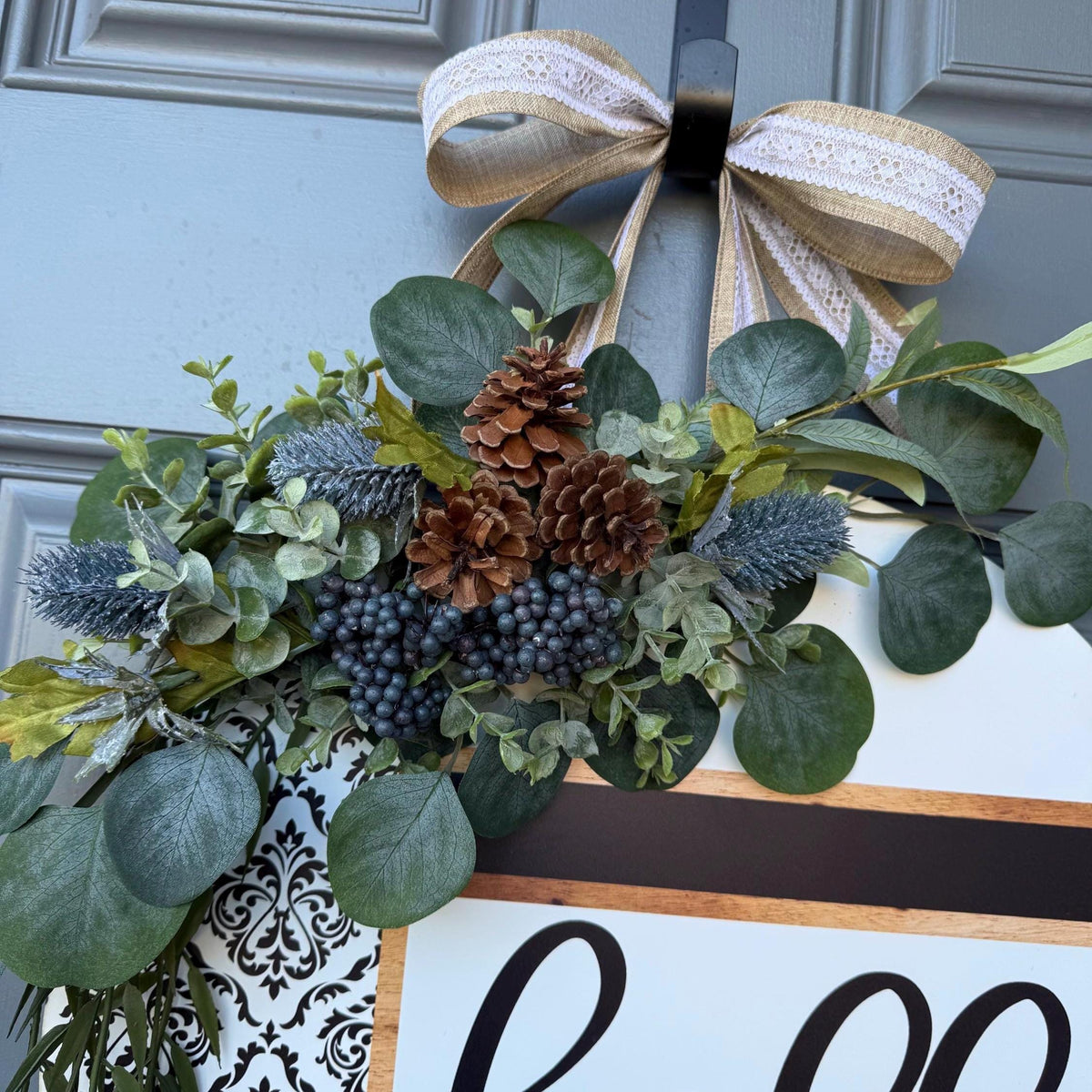 Front door decor, Wooden door sign, Everyday door sign with black, white and damask design with a rustic twist with texture.