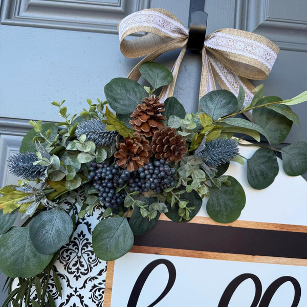 Front door decor, Wooden door sign, Everyday door sign with black, white and damask design with a rustic twist with texture.