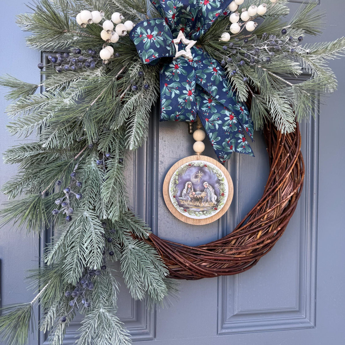 Christmas front door wreath, Religious wreath, Handmade wreath, Front door decor, Painted sign with Jesus, Mary and Joseph in a manger.