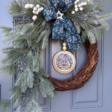 Christmas front door wreath, Religious wreath, Handmade wreath, Front door decor, Painted sign with Jesus, Mary and Joseph in a manger.