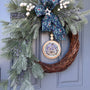 Christmas front door wreath, Religious wreath, Handmade wreath, Front door decor, Painted sign with Jesus, Mary and Joseph in a manger.