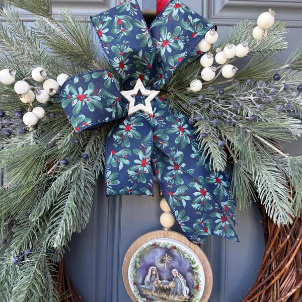 Christmas front door wreath, Religious wreath, Handmade wreath, Front door decor, Painted sign with Jesus, Mary and Joseph in a manger.