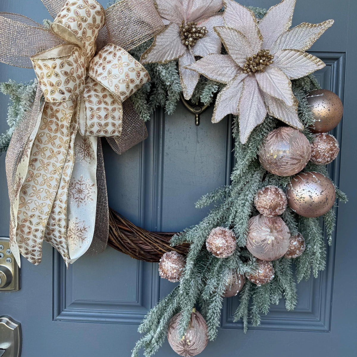 Christmas wreath for door, Snowy pine wreath with pink glitz and glam. Sparkly wreath design for front door, Holiday decor front door, 24”