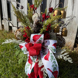 Christmas gravesite arrangement, Sympathy, Memorial, Funeral flowers, Christmas vase 360 degrees, Icy arrangement with cardinal bow.