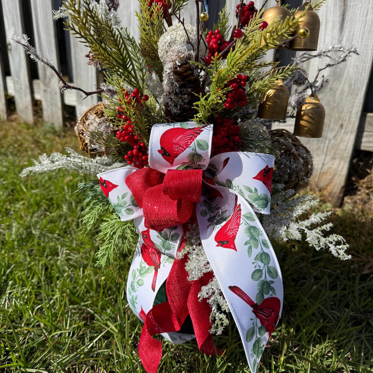 Christmas gravesite arrangement, Sympathy, Memorial, Funeral flowers, Christmas vase 360 degrees, Icy arrangement with cardinal bow.