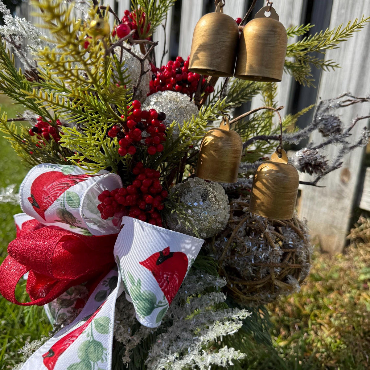 Christmas gravesite arrangement, Sympathy, Memorial, Funeral flowers, Christmas vase 360 degrees, Icy arrangement with cardinal bow.