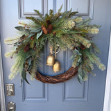 Winter wreath with rustic brass bell |Housewarming gift | Rustic style front door wreath | Natural evergreen wreath decor