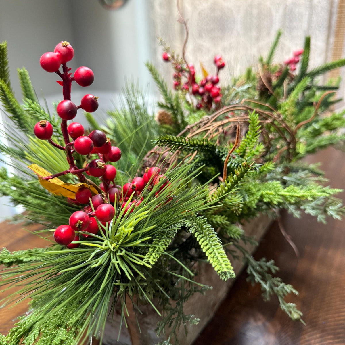 Christmas table arrangement in a birch container. Christmas gift arrangement , Hostess holiday gift, Table decoration for holiday, 20” long