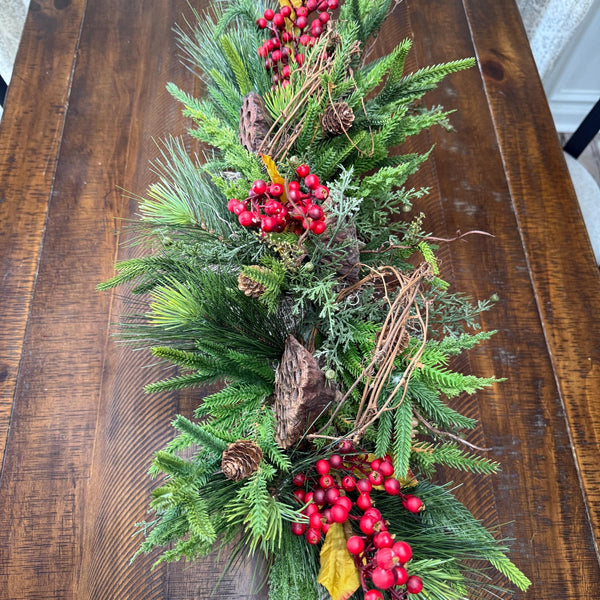 Christmas table arrangement in a birch container. Christmas gift arrangement , Hostess holiday gift, Table decoration for holiday, 20” long