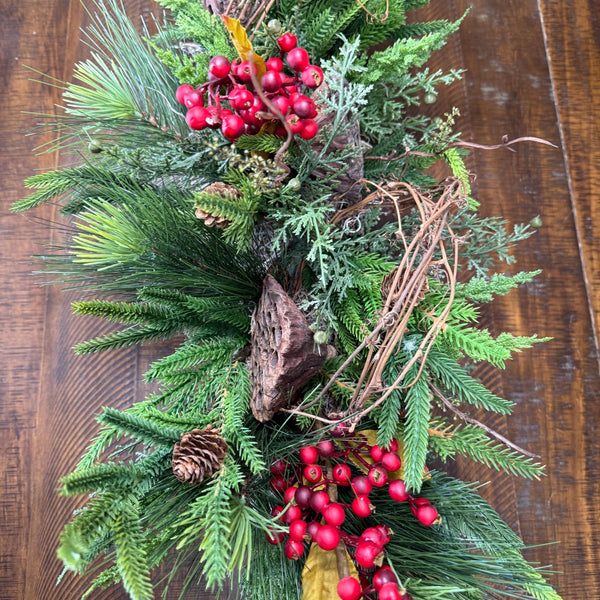 Christmas table arrangement in a birch container. Christmas gift arrangement , Hostess holiday gift, Table decoration for holiday, 20” long