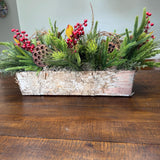 Christmas table arrangement in a birch container. Christmas gift arrangement , Hostess holiday gift, Table decoration for holiday, 20” long