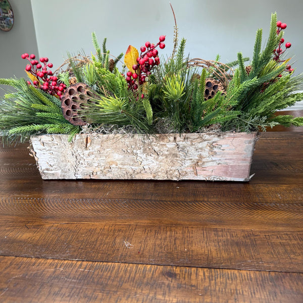 Christmas table arrangement in a birch container. Christmas gift arrangement , Hostess holiday gift, Table decoration for holiday, 20” long