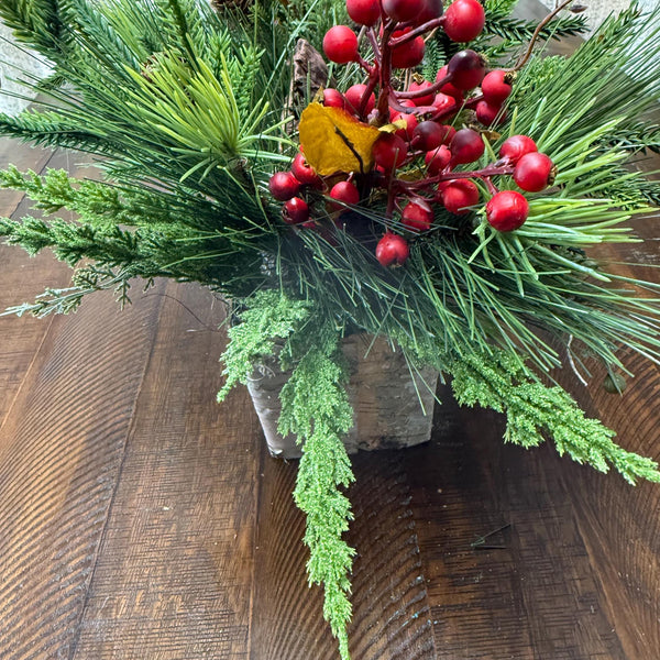 Christmas table arrangement in a birch container. Christmas gift arrangement , Hostess holiday gift, Table decoration for holiday, 20” long