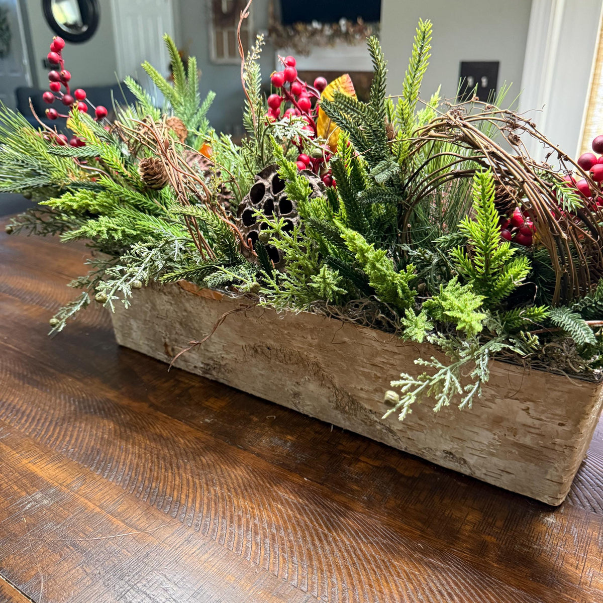 Christmas table arrangement in a birch container. Christmas gift arrangement , Hostess holiday gift, Table decoration for holiday, 20” long