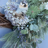 Winter wreath for door, Snowy pine wreath with bird and nest. Sparkly wreath design for front door, Holiday decor front door, 24”