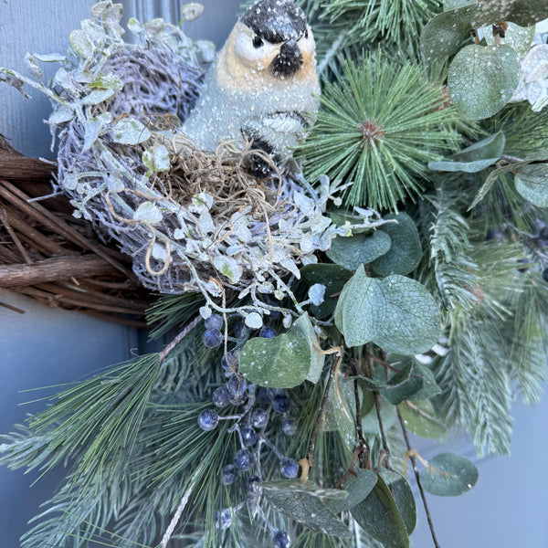 Winter wreath for door, Snowy pine wreath with bird and nest. Sparkly wreath design for front door, Holiday decor front door, 24”