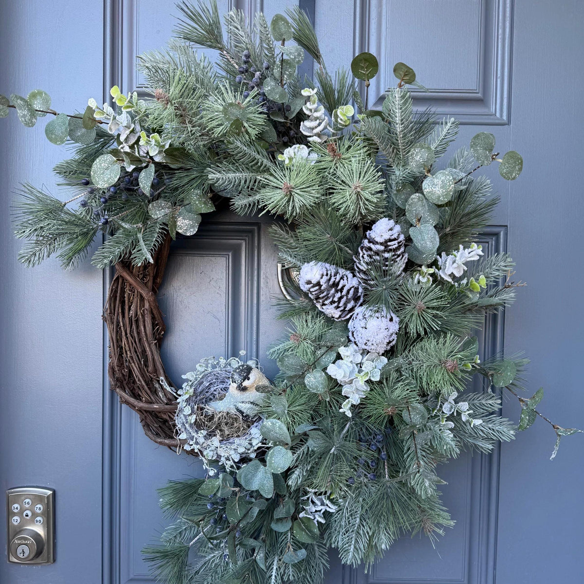 Winter wreath for door, Snowy pine wreath with bird and nest. Sparkly wreath design for front door, Holiday decor front door, 24”
