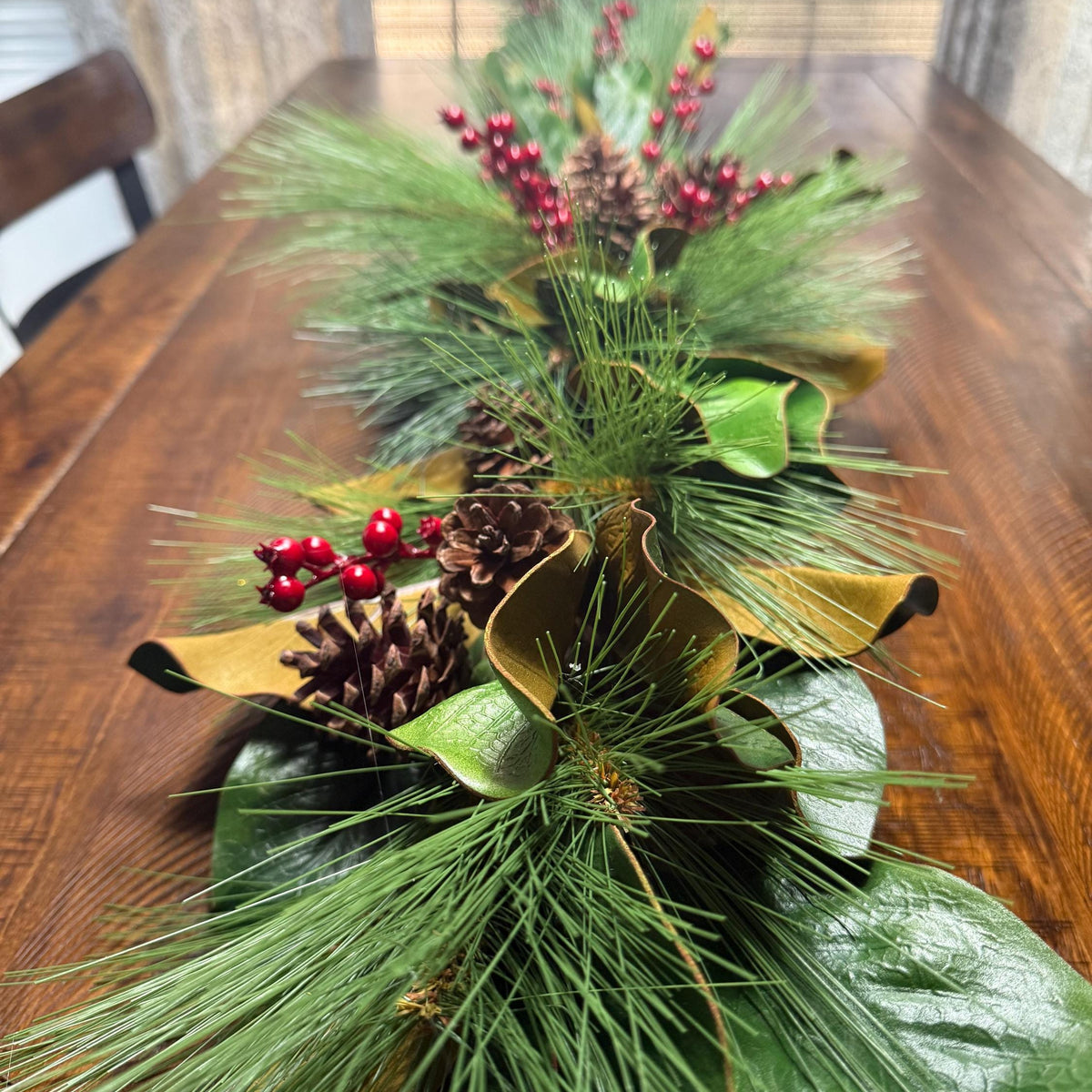 Magnolia Christmas Garland, Christmas Pine, Berries and Magnolia leaves 6’ Long, Mantle Decoration, Table Garland, Front Door Garland