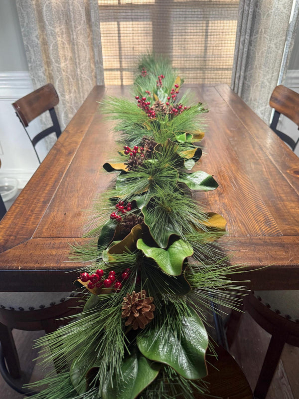 Magnolia Christmas Garland, Christmas Pine, Berries and Magnolia leaves 6’ Long, Mantle Decoration, Table Garland, Front Door Garland