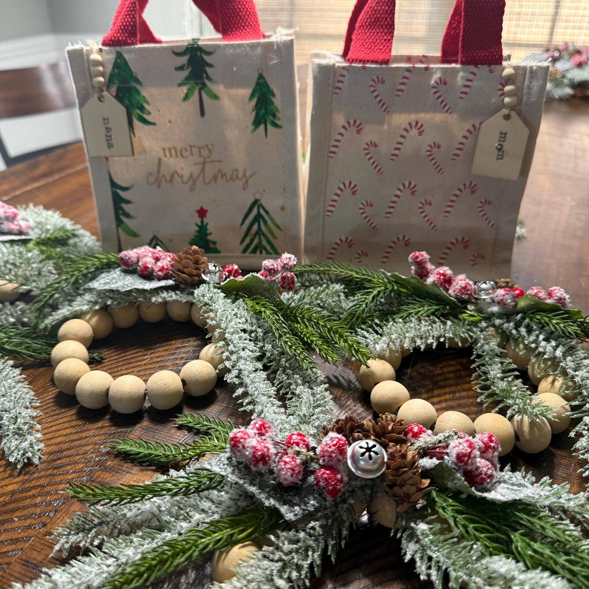 Personalized Christmas ornament, Wood beaded ornament with personal wooden tag. Co worker wreath ornament, Thank you, Holiday gifts! 4”-5”