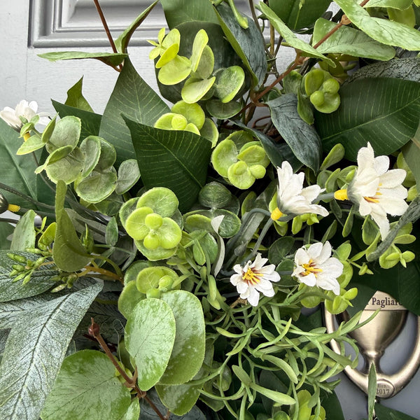 Front door greenery wreath, lush handmade with an assortment of eucalyptus, all seasons wreath, modern cottage wreath design in 3 sizes.