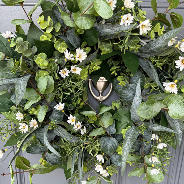 Front door greenery wreath, lush handmade with an assortment of eucalyptus, all seasons wreath, modern cottage wreath design in 3 sizes.
