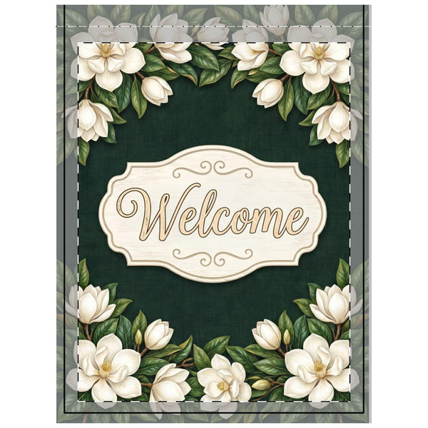 White Magnolia Welcome Outdoor Flag with Rod Pocket | Floral Garden Decor