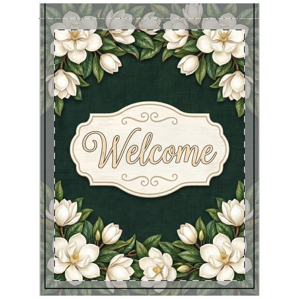 White Magnolia Welcome Outdoor Flag with Rod Pocket | Floral Garden Decor