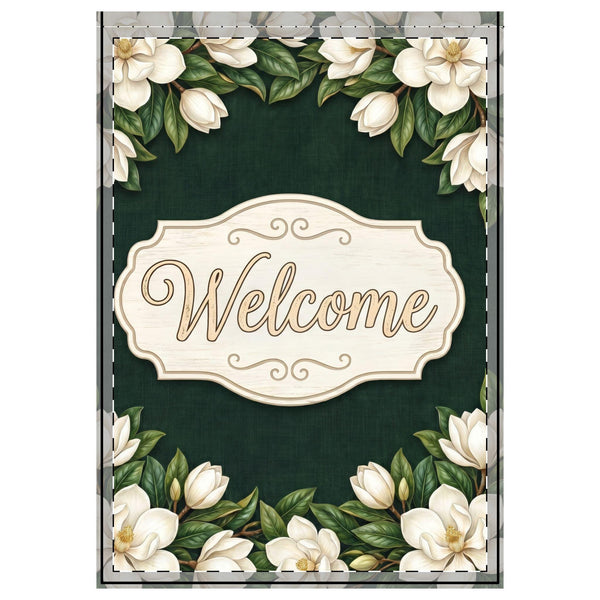 White Magnolia Welcome Outdoor Flag with Rod Pocket | Floral Garden Decor