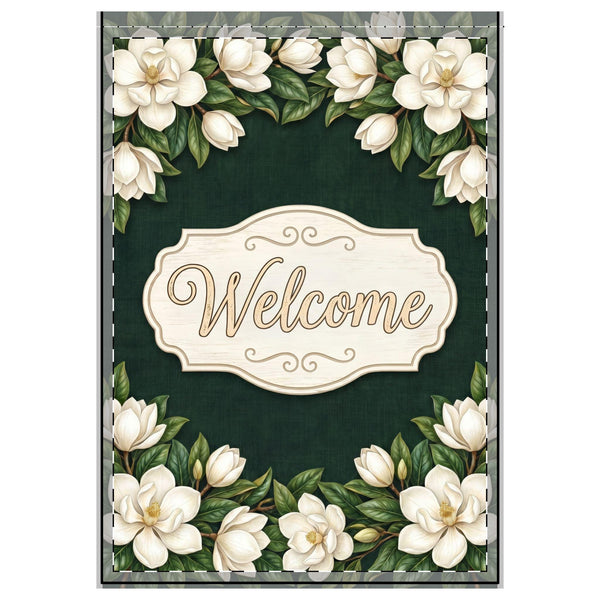 White Magnolia Welcome Outdoor Flag with Rod Pocket | Floral Garden Decor