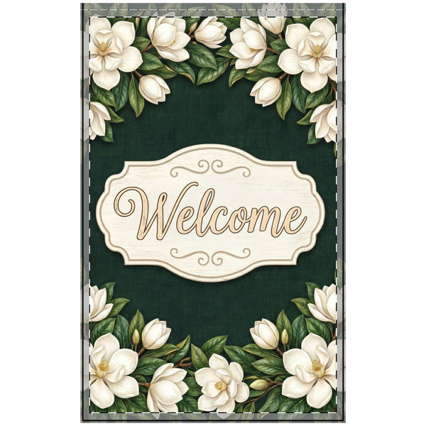 White Magnolia Welcome Outdoor Flag with Rod Pocket | Floral Garden Decor