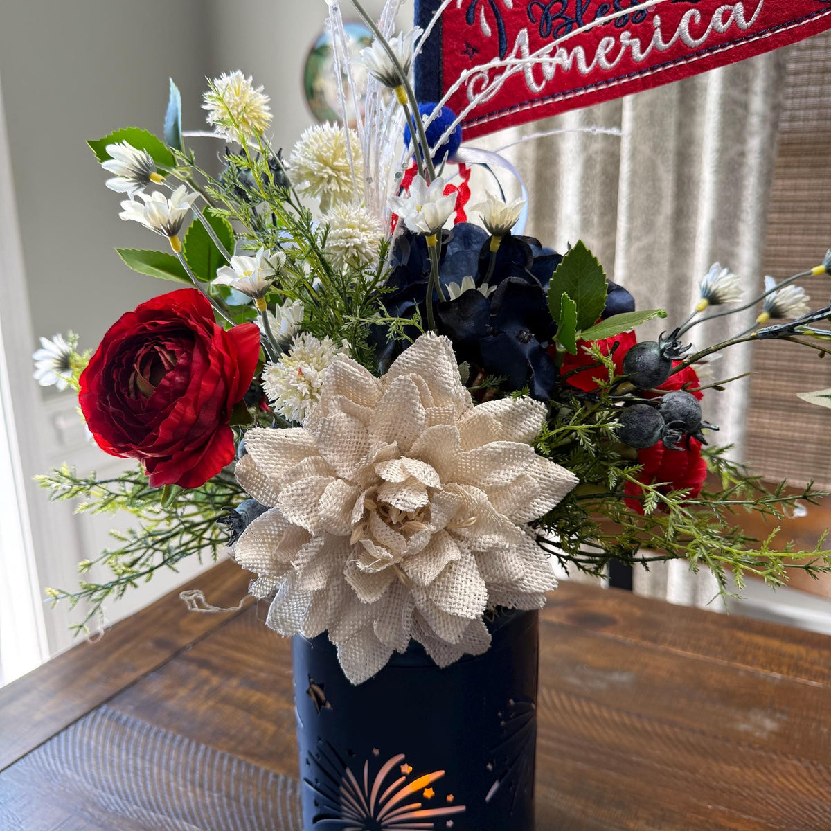 Patriotic Floral Red White Blue lanterns, Porch Decor, 4th of July Decor, America’s Birthday Decor, Comes in a pair one red, one blue.