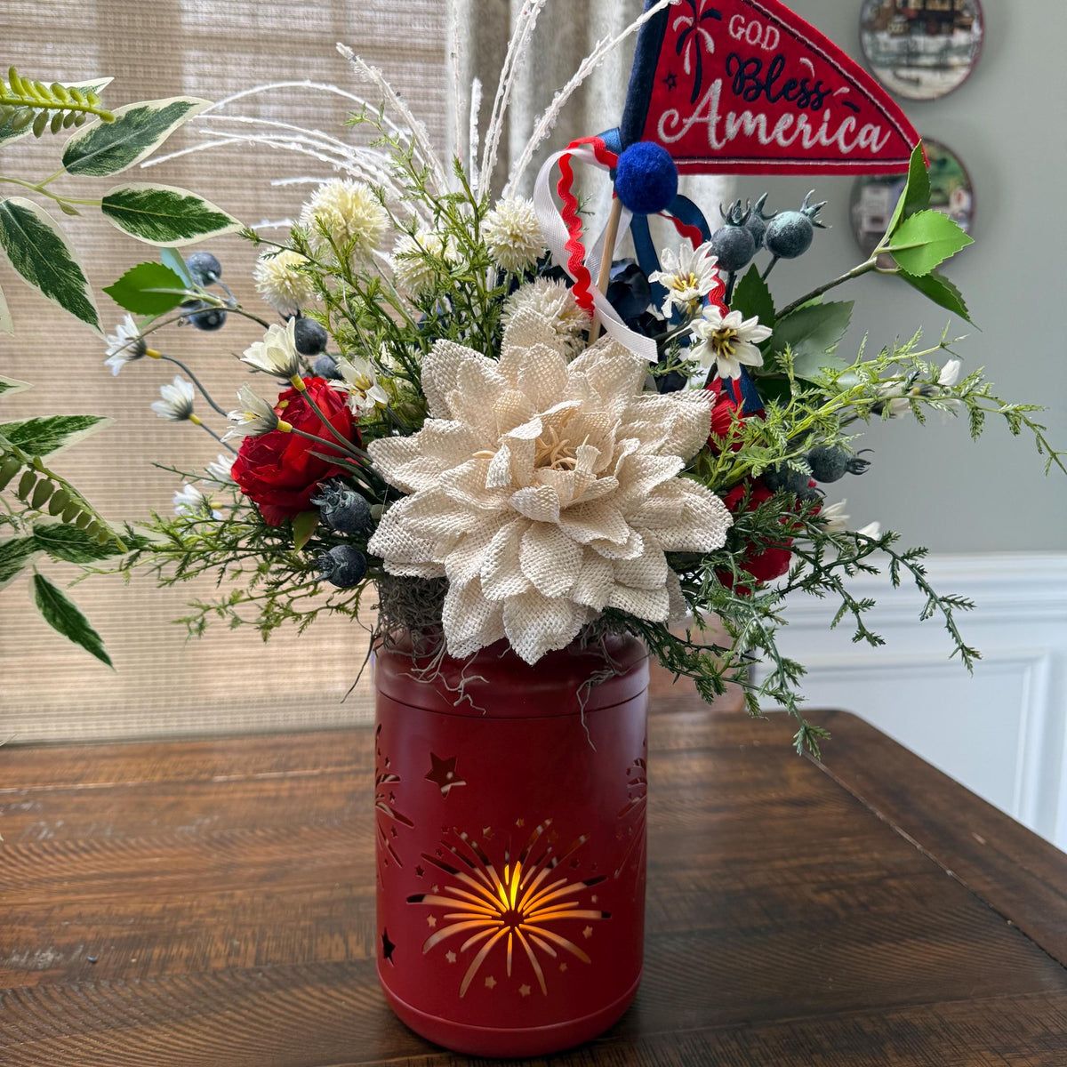 Patriotic Floral Red White Blue lanterns, Porch Decor, 4th of July Decor, America’s Birthday Decor, Comes in a pair one red, one blue.