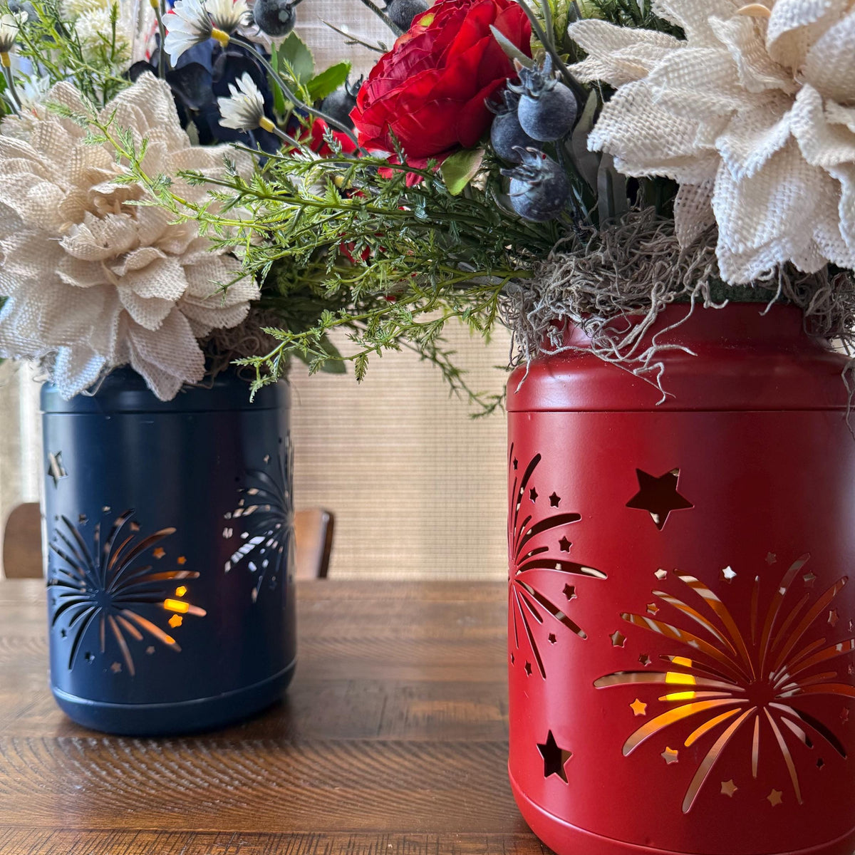 Patriotic Floral Red White Blue lanterns, Porch Decor, 4th of July Decor, America’s Birthday Decor, Comes in a pair one red, one blue.