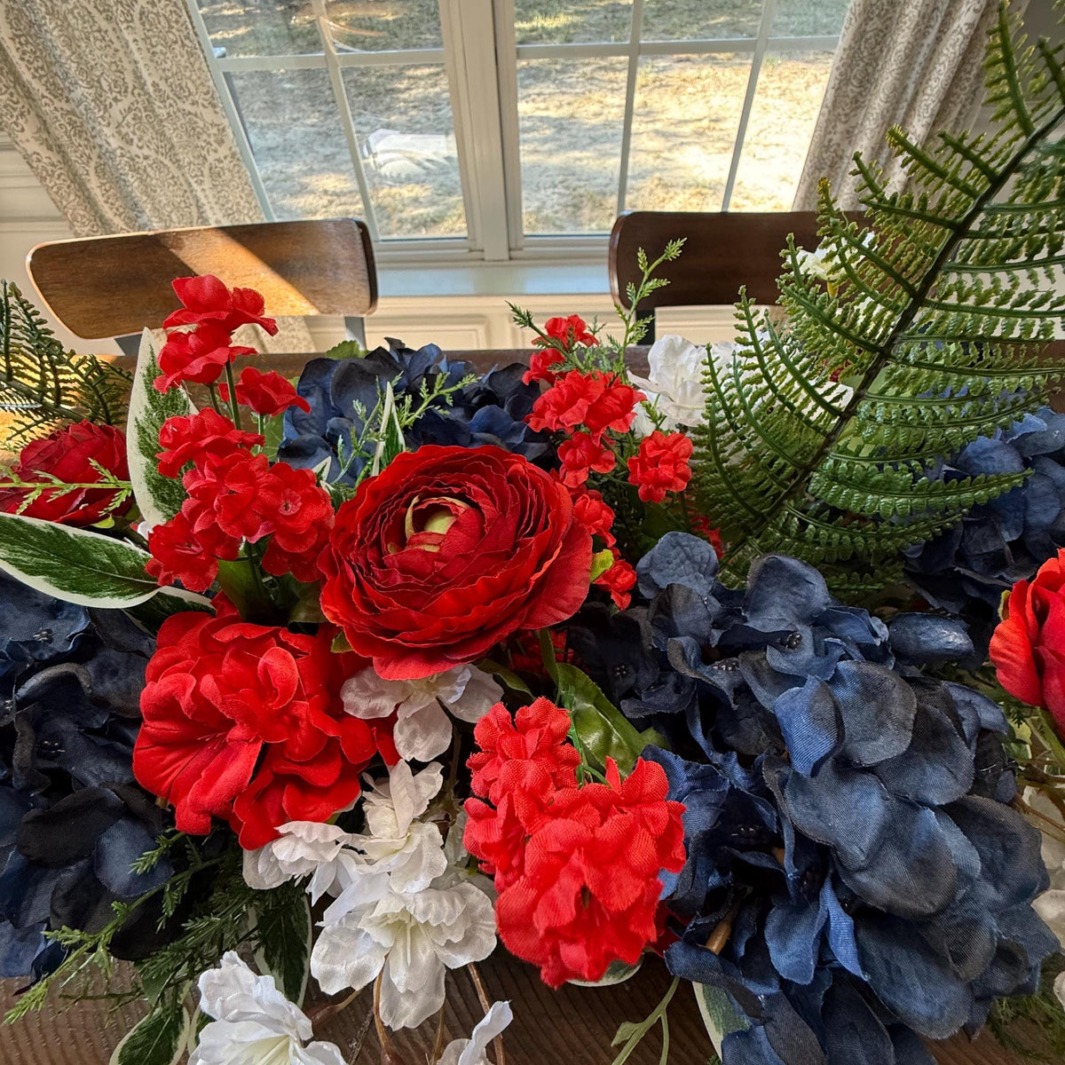 Patriotic Floral Red White Blue table centerpiece in dough bowl, Table top arrangement, 4th of July Decor, America’s 250th Birthday