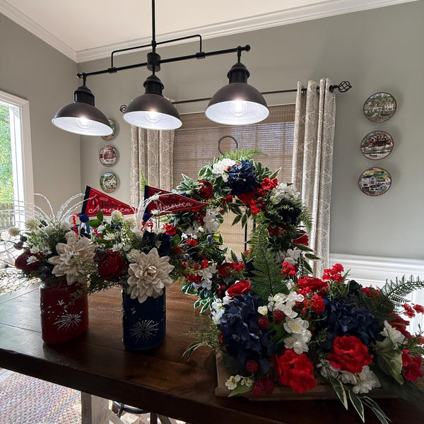 Patriotic Floral Red White Blue table centerpiece in dough bowl, Table top arrangement, 4th of July Decor, America’s 250th Birthday