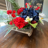 Patriotic Floral Red White Blue table centerpiece in dough bowl, Table top arrangement, 4th of July Decor, America’s 250th Birthday