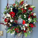 Summer americana wreath for front door, red, white and blue flowers with cotton, and berries for texture. Love the adorable watermelon wedge