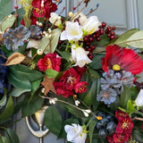 Summer americana wreath for front door, red, white and blue flowers with cotton, and berries for texture. Love the adorable watermelon wedge