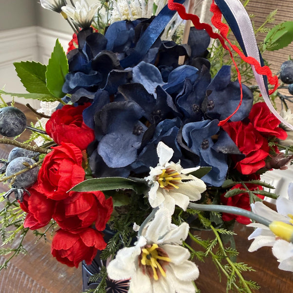 Patriotic Floral Red White Blue lanterns, Porch Decor, 4th of July Decor, America’s Birthday Decor, Comes in a pair one red, one blue.