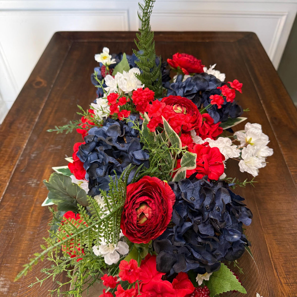 Patriotic Floral Red White Blue table centerpiece in dough bowl, Table top arrangement, 4th of July Decor, America’s 250th Birthday