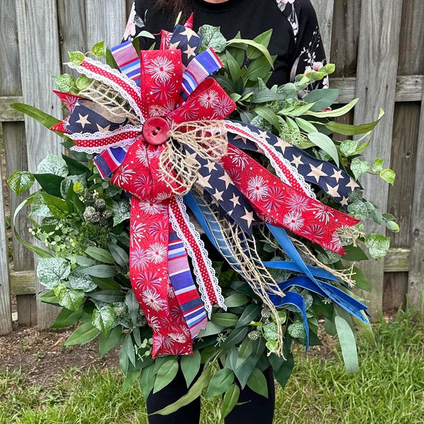 Patriotic bow for America’s 250th Birthday Celebration, Unique bow to add to wreaths, lanterns and porch decor.