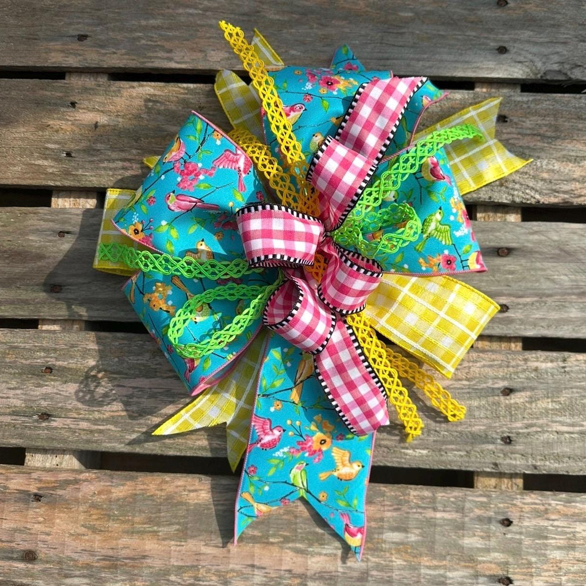 Colorful bow, gingham bow, bird ribbon
