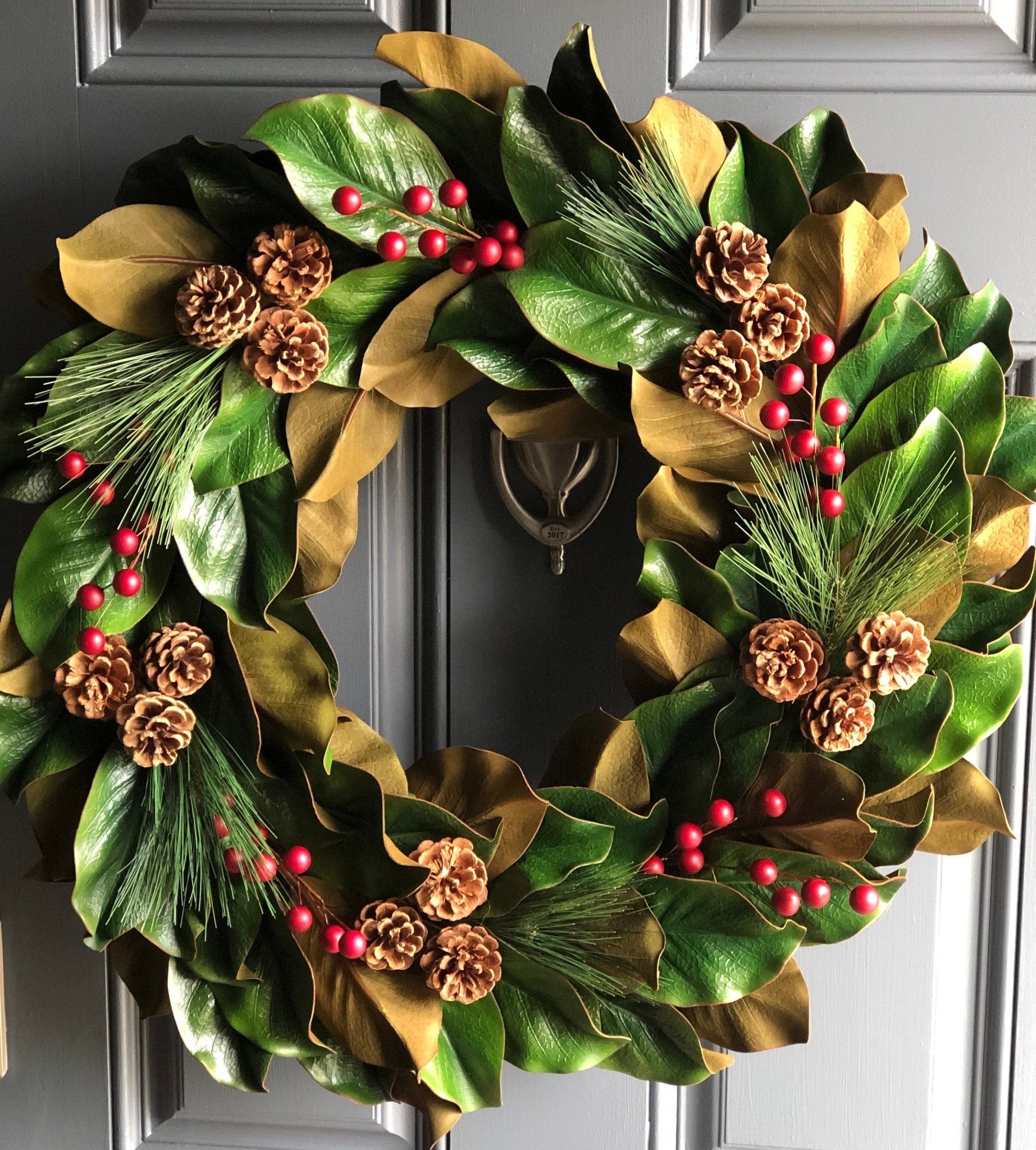 Snow frosted Christmas wreaths/ store Reindeer Christmas decor/ front door Christmas wreaths/ Xmas wreaths/ magnolia Christmas wreath/