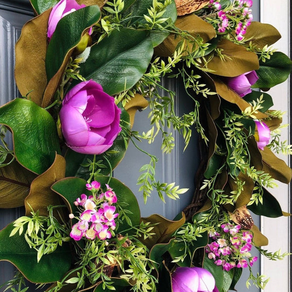 Magnolia Wreath With Purple Magnolia Flowers