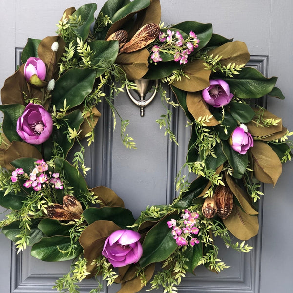 Magnolia Wreath With Purple Magnolia Flowers