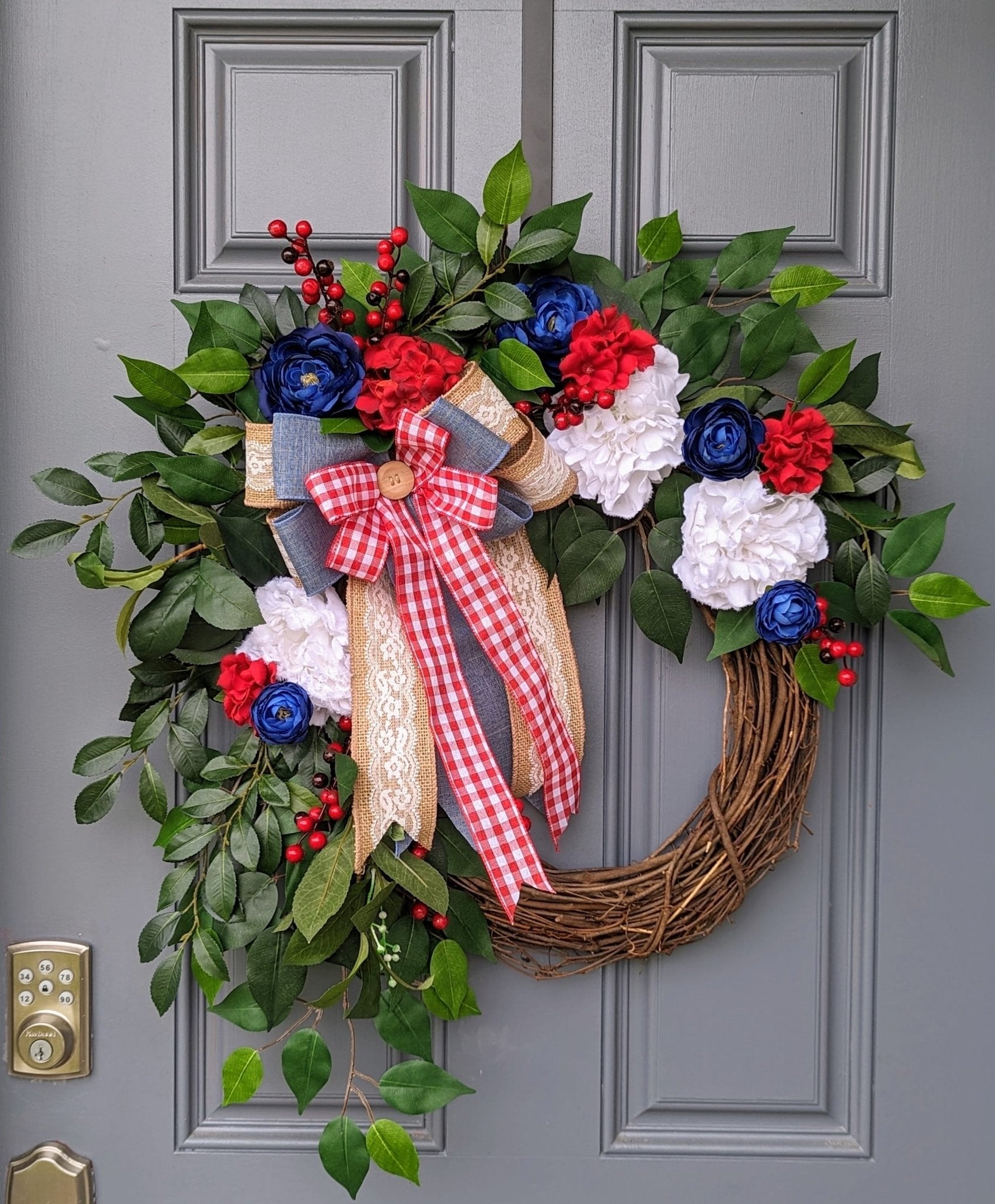 Patriotic wreath flower wreath red white and blue door good decor