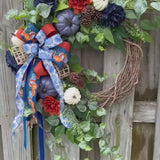 Fall front door blue pumpkin wreath